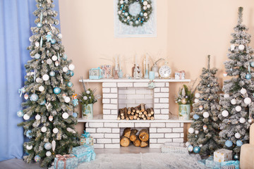 Christmas decorated interior with fireplace. Holiday decorations in a room
