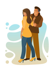 Man and woman argue. The girl pushes the guy. The couple finds out the relationship. Young people are in love with a romantic walk against the background of colored drops. Vector illustration