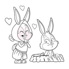 Cute easter bunny happy friends rabbit hole black and white
