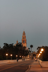 El Prado and the California Tower at night, in Balboa Park, San Diego, California