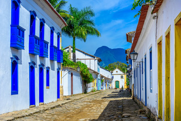 Street of historical center in Paraty, Rio de Janeiro, Brazil. Paraty is a preserved Portuguese colonial and Brazilian Imperial municipality