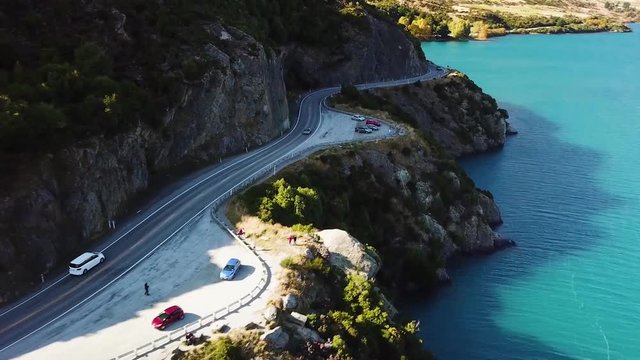 AERIAL: Winding road at Devils Staircase over Lake Wakatipu, New Zealand