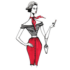 Woman in Paris, sketch, isolated on a white