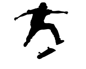 Treflip skateboarder doing a tre flip or 360 flip mid air jump silhouette 