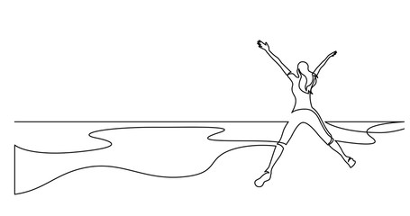 continuous line drawing of healthy young woman jumping joy on sea beach