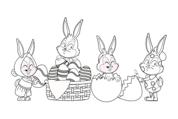 Cute easter bunny happy friends black and white