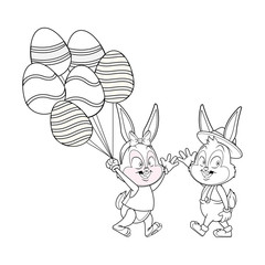 Cute easter bunny happy friends egg ballons black and white