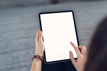 Hand holding tablet blank screen on isolated. Take your screen to put on advertising.