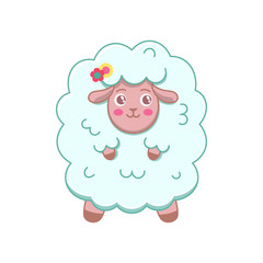 Cute Cartoon blue alpaca with bubble flower