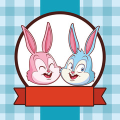 Cute easter bunny happy friends portrait checkered background round frame ribbon banner