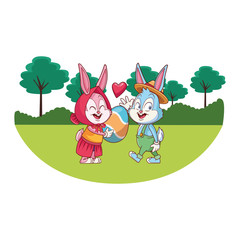 Cute easter bunny happy friends nature trees background round frame