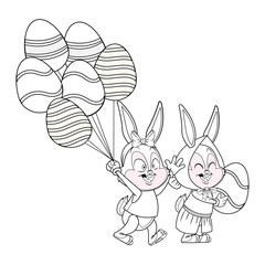 Cute easter bunny happy friends egg ballons black and white