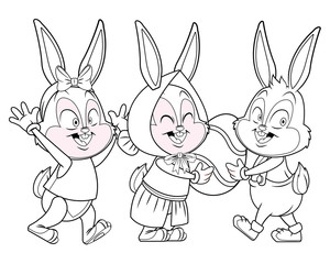 Cute easter bunny happy friends black and white