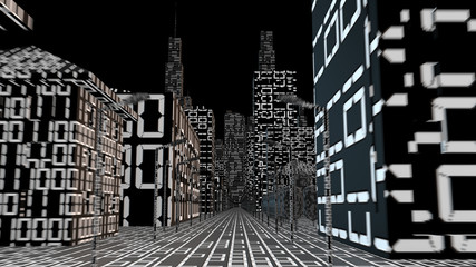 Dark Futuristic digital city architecture of the information technology age - 3D graphic illustration rendering