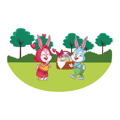 Cute easter bunny happy friends nature trees background round frame