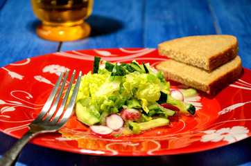 Fresh cabbage salad in a red plate, on a blue wooden table.
