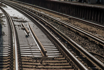 Fototapeta premium Railroad crossing and evening train in the richmond.