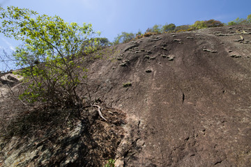 steep rock wall with blue sky in background