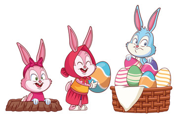 Cute easter bunny happy friends rabbit hole
