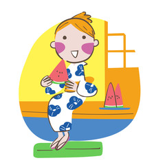 縁側に座りスイカを食べる浴衣姿の女性