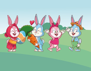 Cute easter bunny happy friends nature background bushes