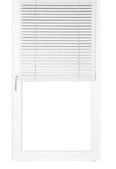 Modern window with half-closed stylish white blinds