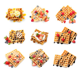 Set of delicious waffles with different toppings on white background, top view - obrazy, fototapety, plakaty