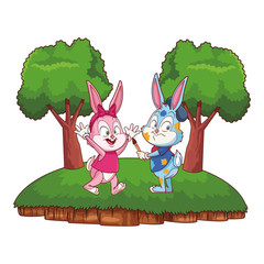 Cute easter bunny happy friends nature background frame trees