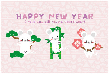 ねずみの松竹梅　淡いピンク背景　 年賀状テンプレート