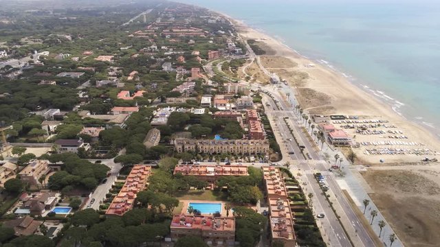 Barcelona. Aerial view in Castelldefels, coastal town. Spain. 4k Drone Video