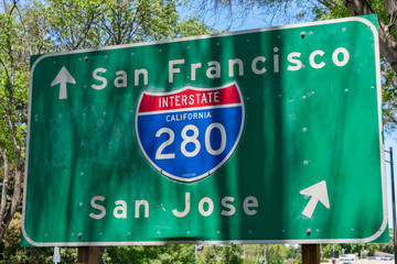 Interstate 280 highway road sign showing drivers the directions to San Francisco and San Jose in...
