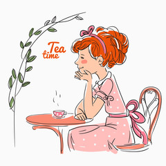 Beautiful girl drinking tea on the table. Cute child sitting on chair in garden. Tea time vector concept 