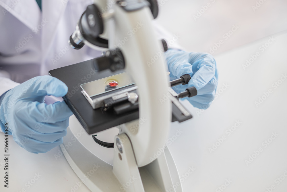 Wall mural a scientist hands working in laboratory with test tube microscope and solutions.
