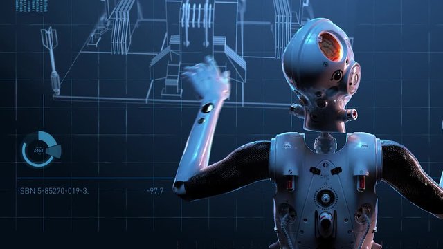 sci-fi woman robot ,  large holographic interface analysis of the assembly of virtual machine parts animation of the digital world of the future of neural networks and the artificial intelligence futu