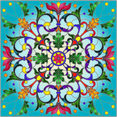 Illustration in stained glass style with abstract floral ornaments, flowers, leaves and curls on blue background, square image