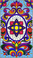 Illustration in stained glass style with abstract  swirls,flowers and leaves  on a blue background