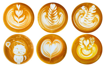 List of latte art shapes isolated on white background