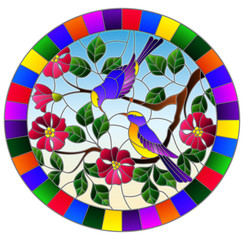 Illustration in stained glass style with two two bright birds on the branches of blooming wild rose on a background sky,oval image in bright frame