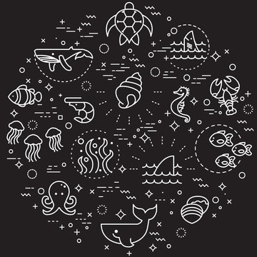 Simple Set of sea life and ocean Related Vector Line Illustration. Contains such Icons as Nautical Creatures, sea, ocean and more. Modern style line drawing and background color black. 