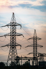 High-voltage power lines. Electricity distribution station. high voltage electric transmission...