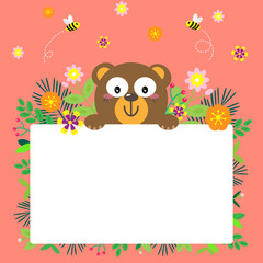 Cute brown bear on spring season with white board,vector illustration.