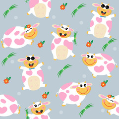 Cute cow cartoon seamless pattern background, vector illustration.