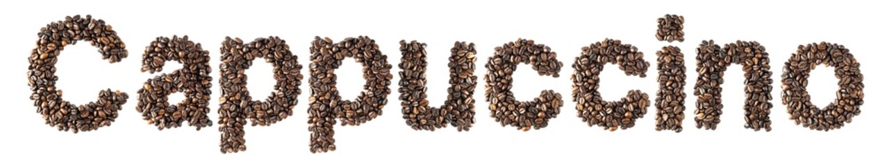 Coffee bean sort alphabetically. The word is cappuccino. Which is the name of the menu is a drink. isolated on white background and clipping path.