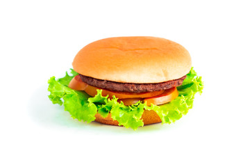 Hamburgers that contain bread Lettuce tomato onion and beef. for food and drink. isolated on white background and clipping path.