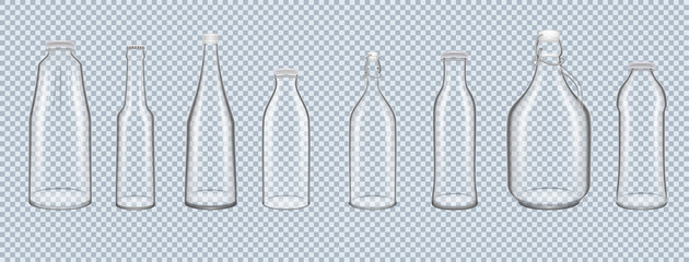 Set of relistic 3D glass bottles, cans of various shapes.