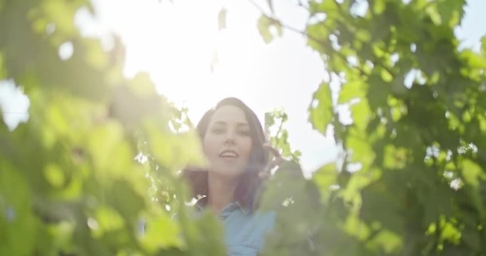 Romantic love couple, man and woman smiling and walking looking through plants near vineyard at sunset or sunrise with backlit sun.Warm sun back light.Friends italian trip in Umbria.4k slow motion