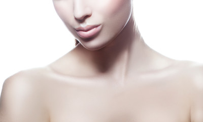 Part of beauty face of beaytiful model girl. Perfect skin, natural lips, nude makeup