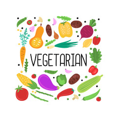 Vegetables flat trendy hand drawn vector print. Concept of vegetarian food, organic food.