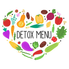 Detox menu, vegetables flat hand drawn isolated on white background.