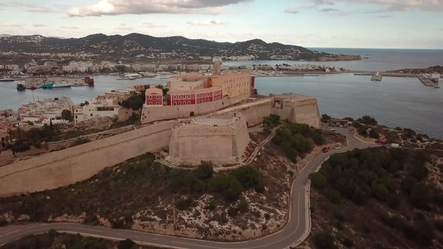 Aerial video of Ibiza Eivissa surrounded by medieval walls in Spain